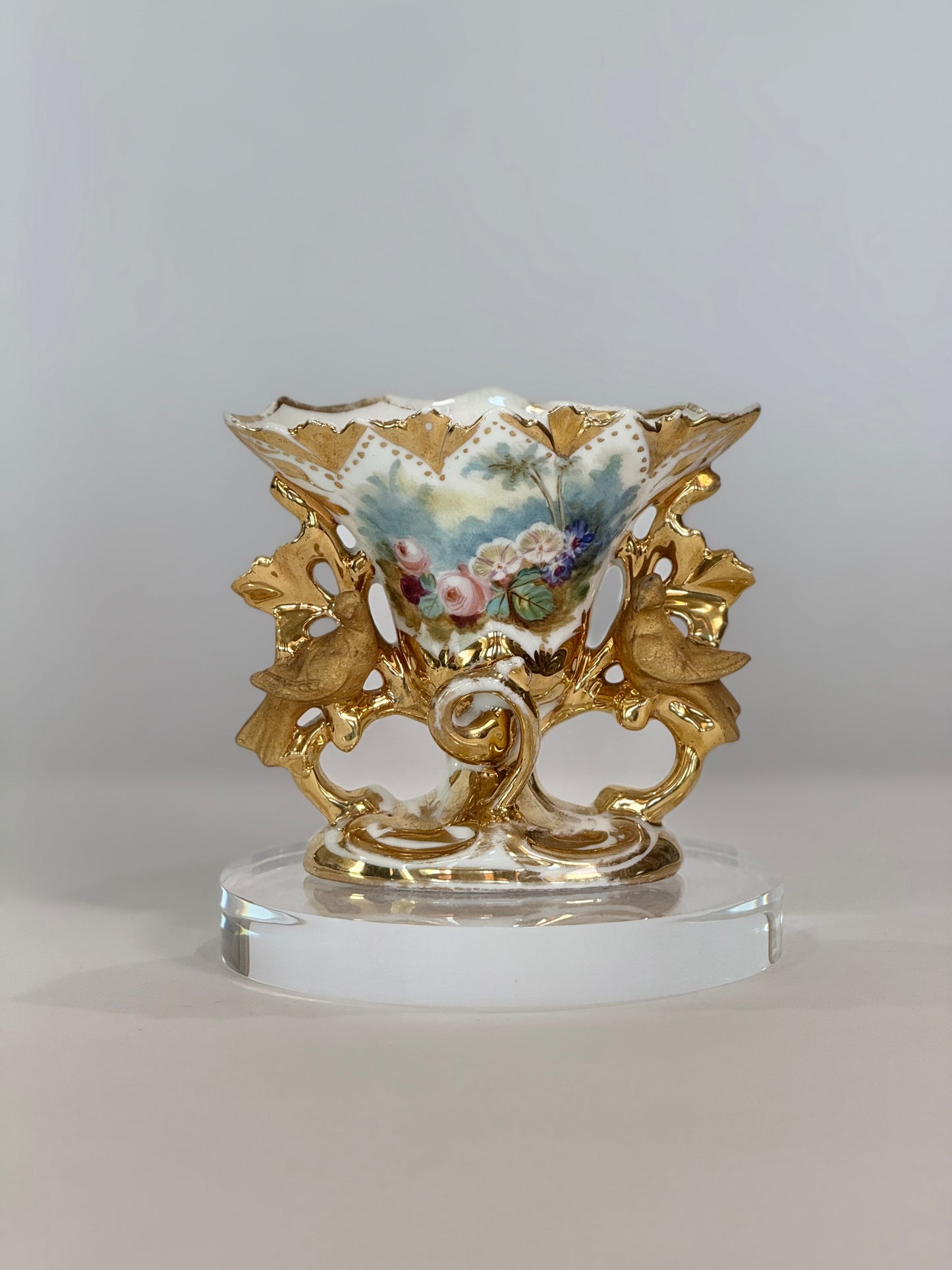 Old Paris Gold and White Vase with Flowers with gilt Birds