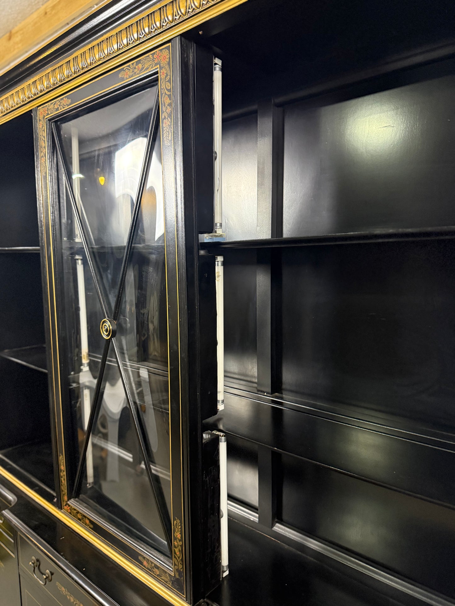 Black Lacquered Chinoiserie Breakfront Cabinet Curio with Desk
