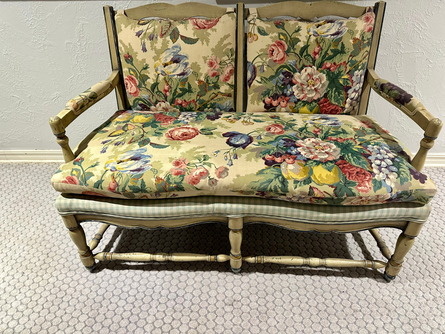 Country French Bench with Vintage Fabric Cushions