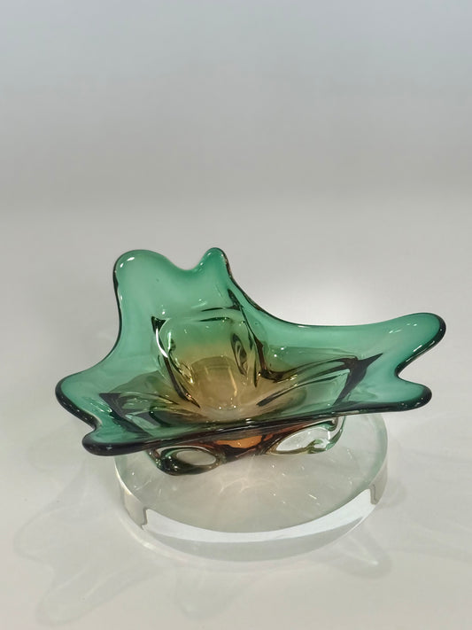Vintage Green and Amber Sommerso Murano Glass Dish with a Free Form Design