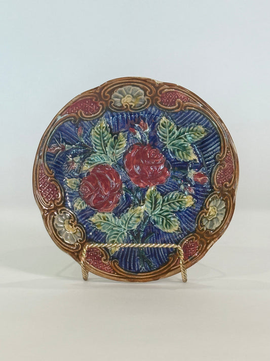 Majolica Plate Featuring a Rose Design