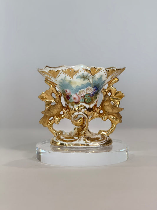 Old Paris Gold and White Vase with Flowers with gilt Birds
