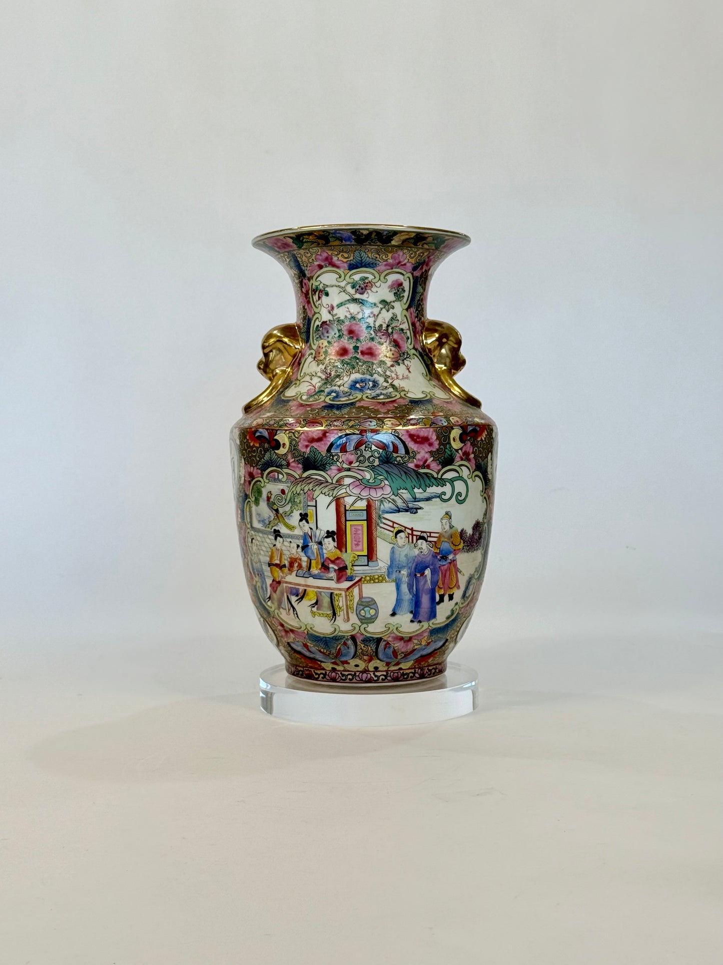 Antique Chinese Famille Rose Porcelain Vase with Elephant Handles