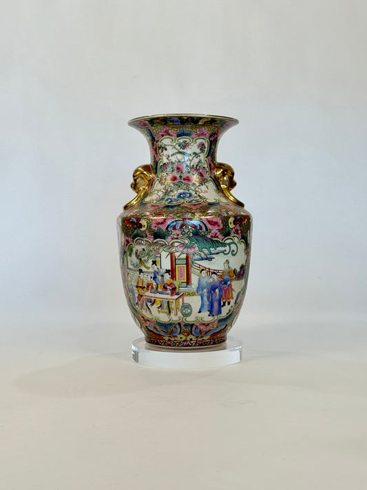 Antique Chinese Famille Rose Porcelain Vase with Elephant Handles