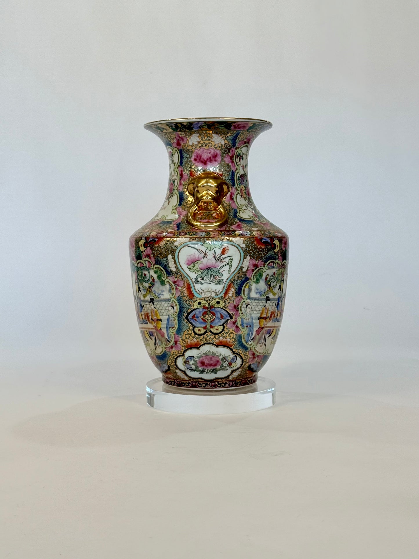 Antique Chinese Famille Rose Porcelain Vase with Elephant Handles