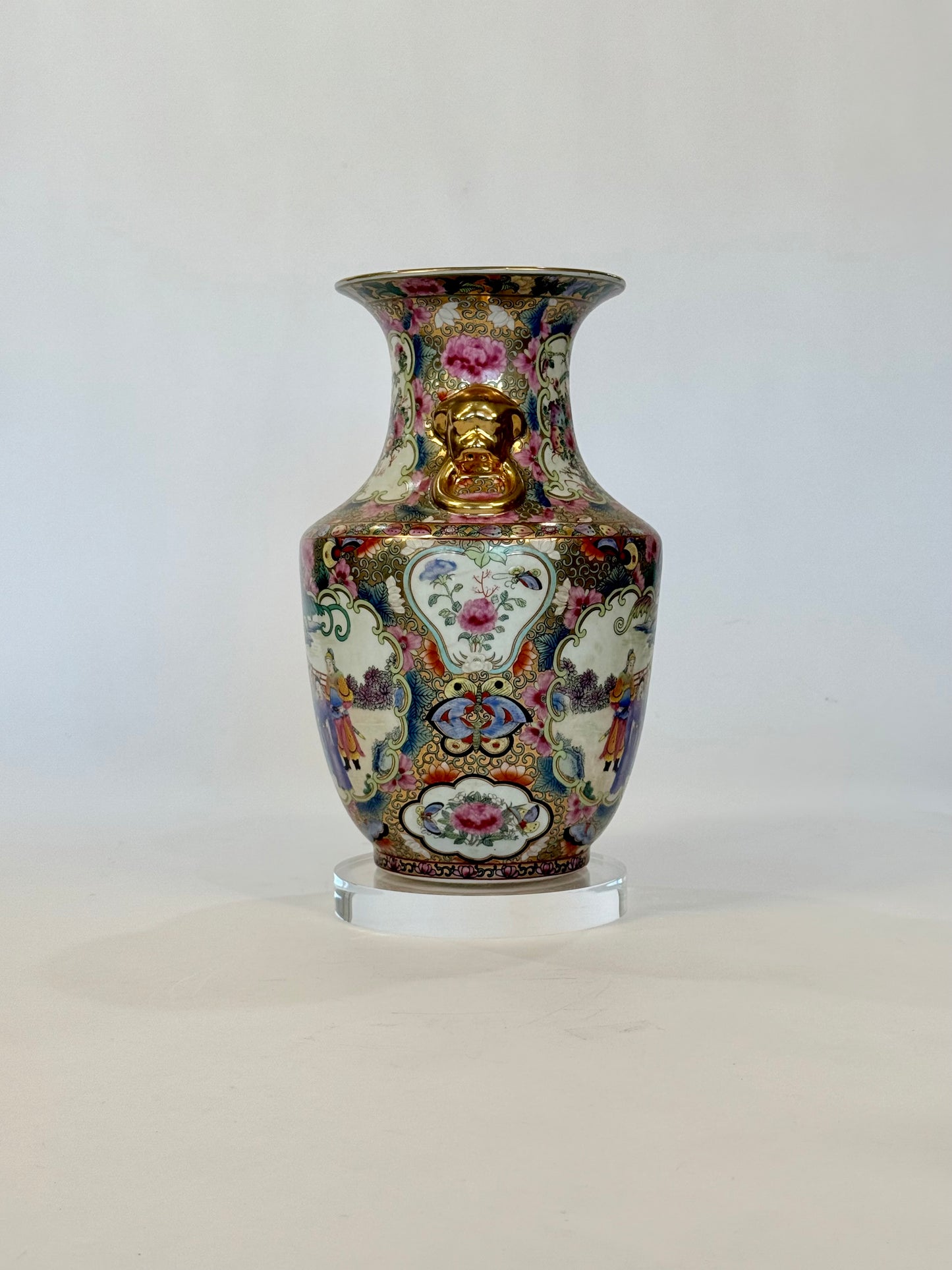Antique Chinese Famille Rose Porcelain Vase with Elephant Handles