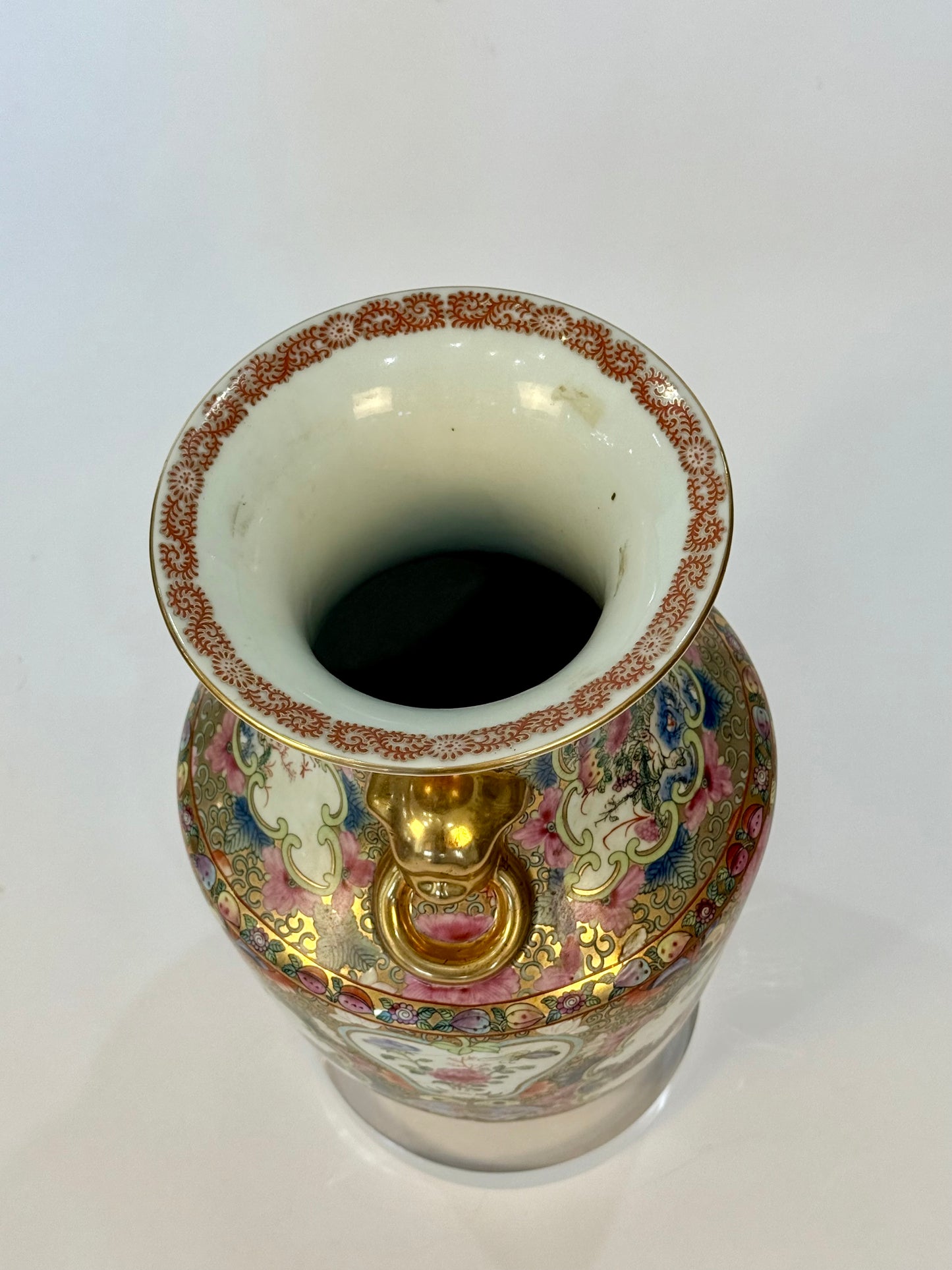 Antique Chinese Famille Rose Porcelain Vase with Elephant Handles