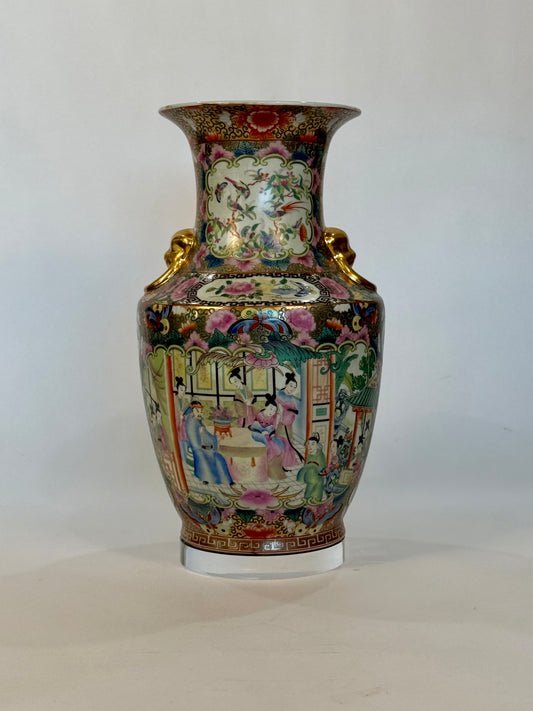 Antique Large Chinese Famille Rose Vase with Gilded Handles