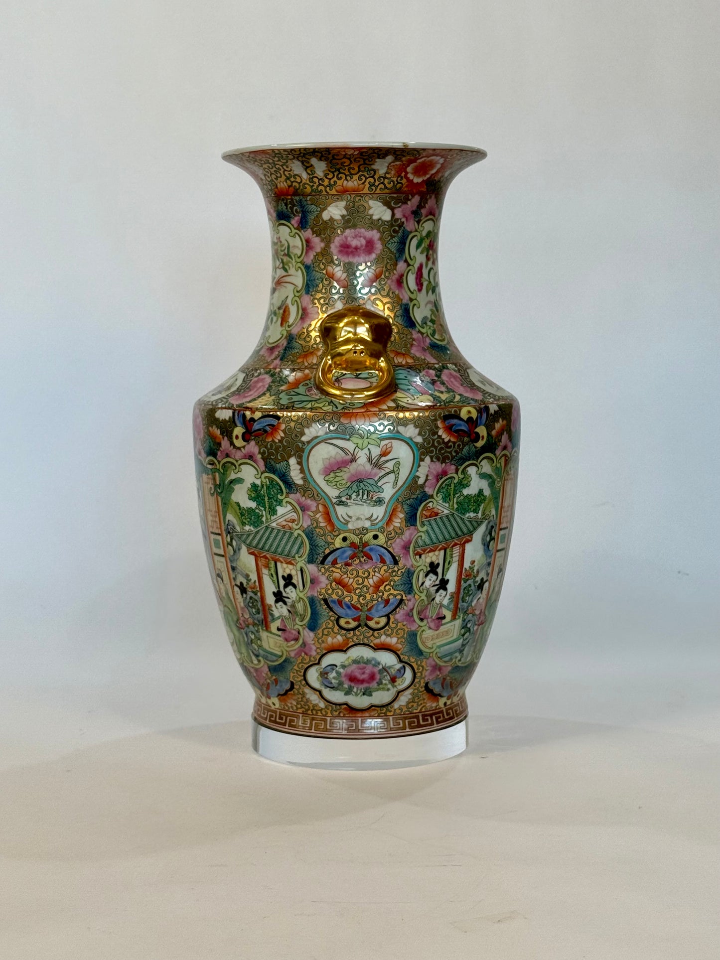 Antique Large Chinese Famille Rose Vase with Gilded Handles
