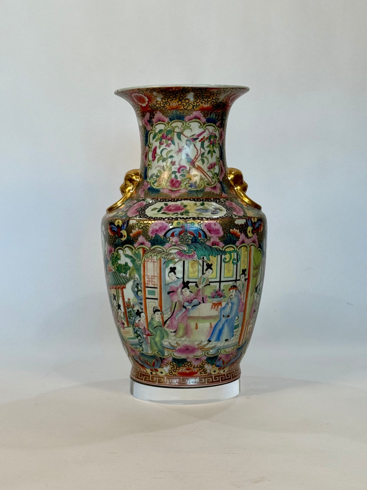 Antique Large Chinese Famille Rose Vase with Gilded Handles