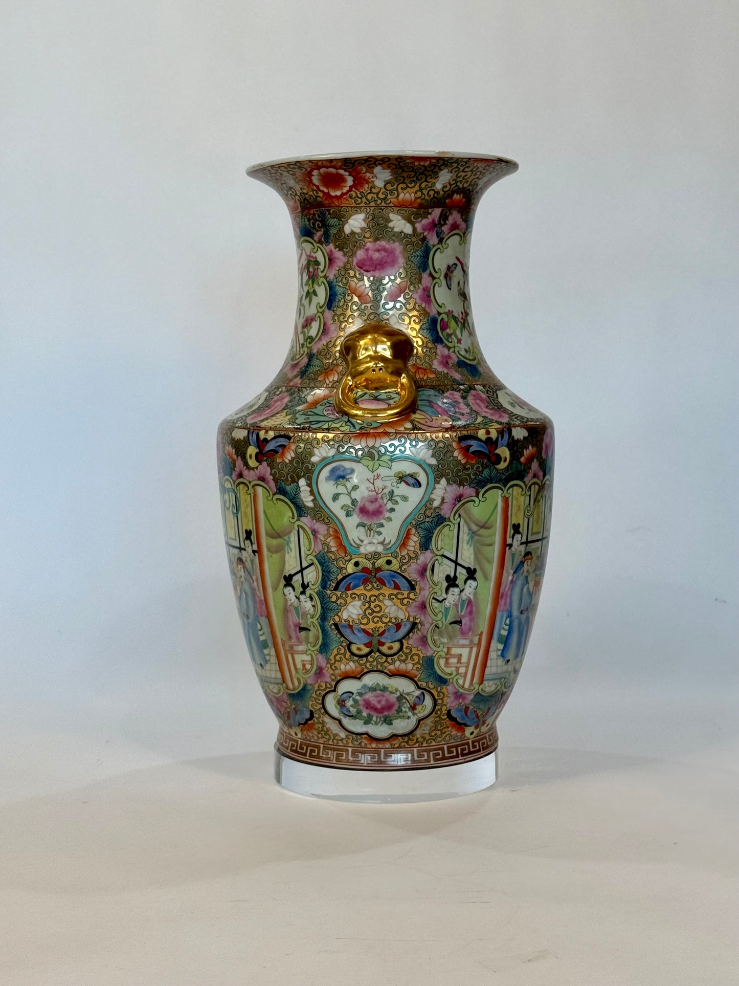 Antique Large Chinese Famille Rose Vase with Gilded Handles