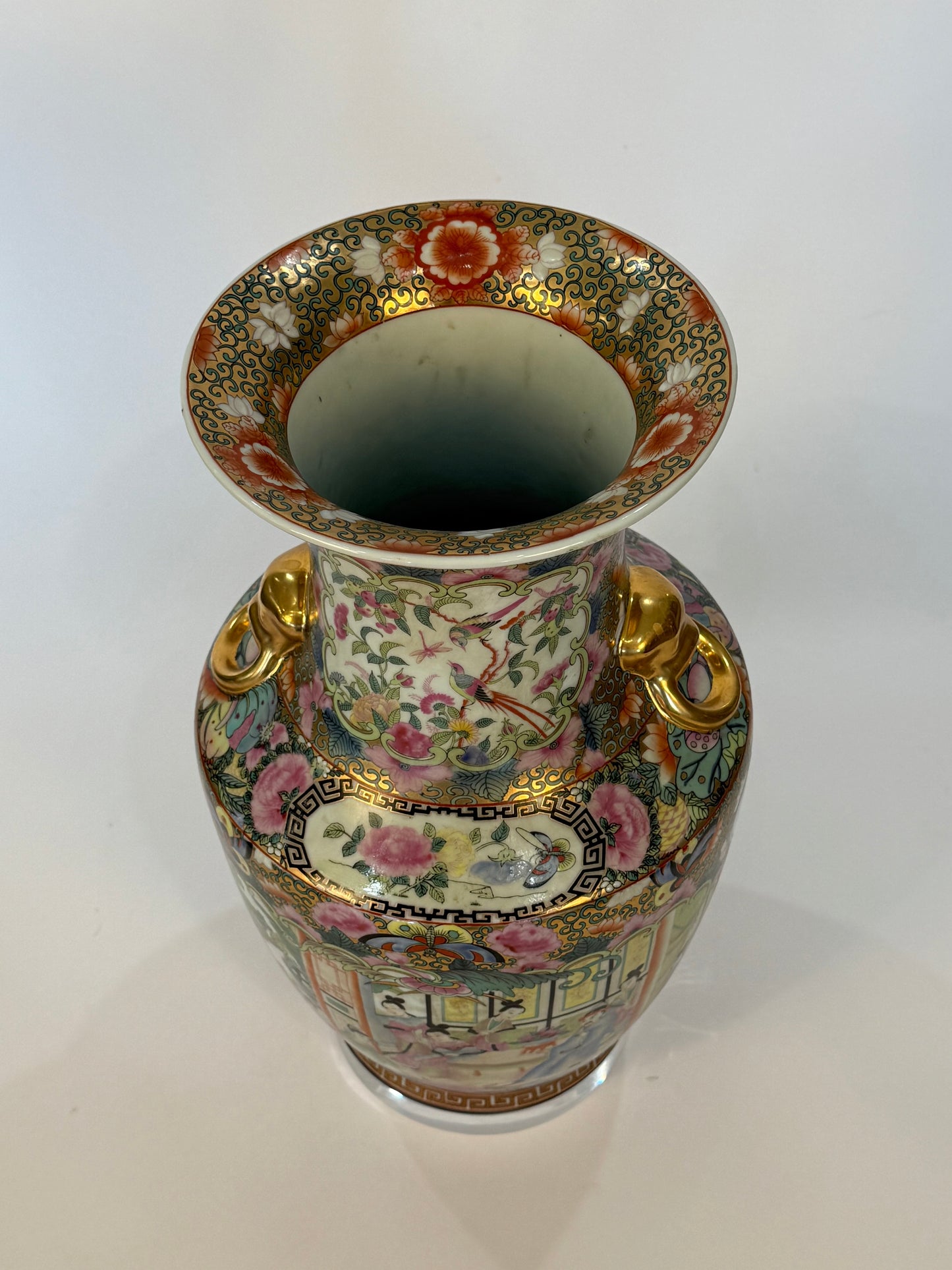 Antique Large Chinese Famille Rose Vase with Gilded Handles