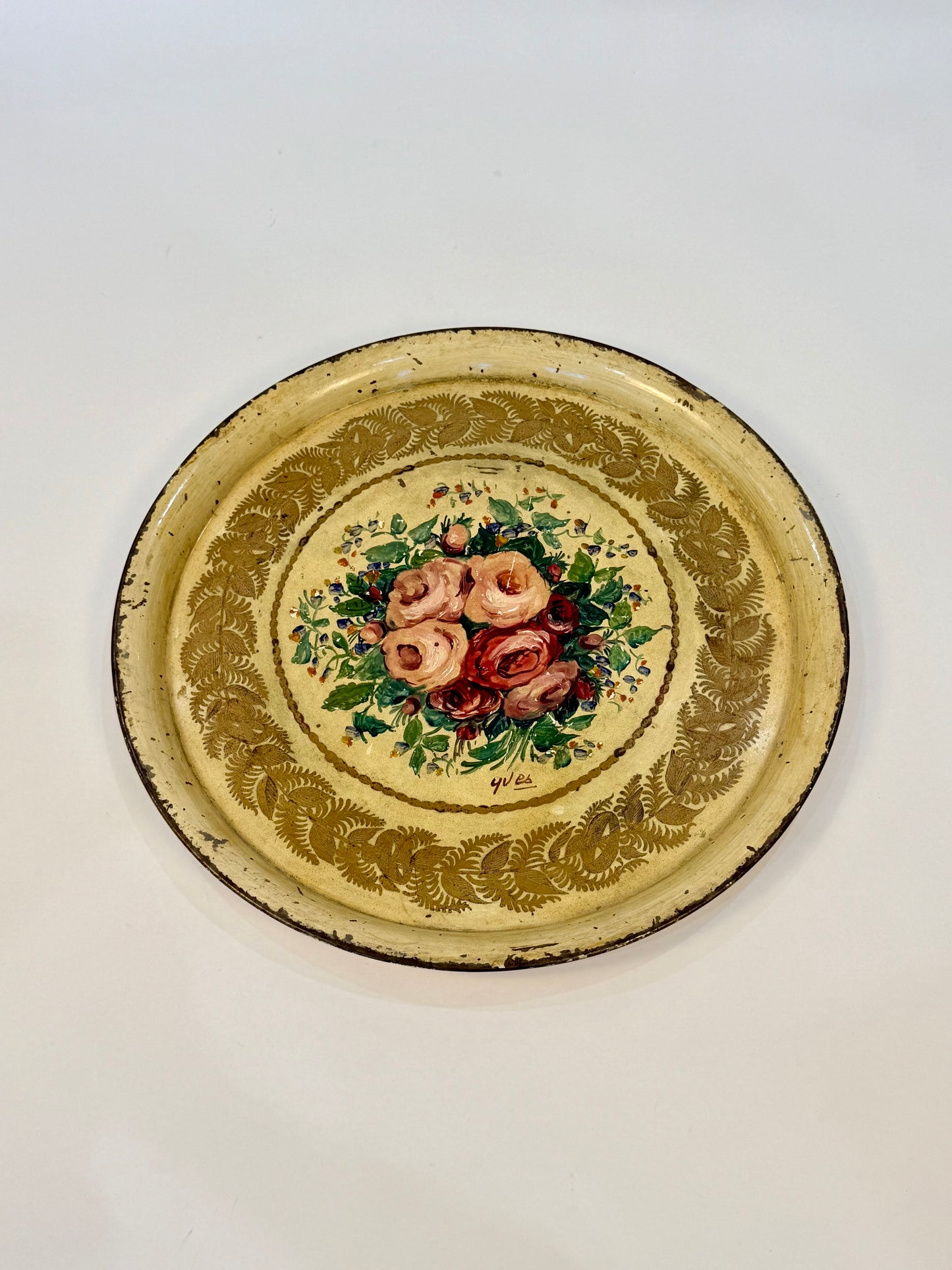 Vintage Hand-painted Metal Tray with Floral Motif