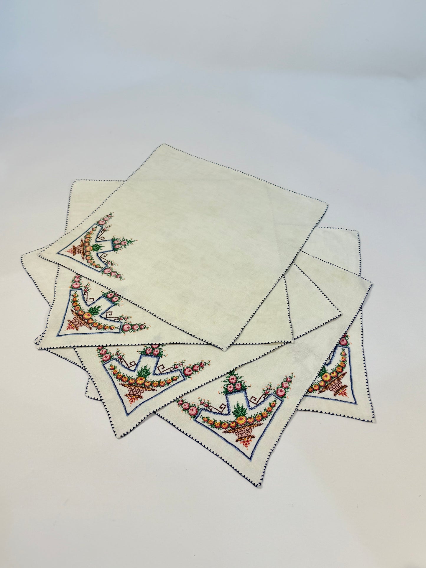 Vintage Hand-Stitched Linen Runner and Placemats with Floral Cross-Stitch