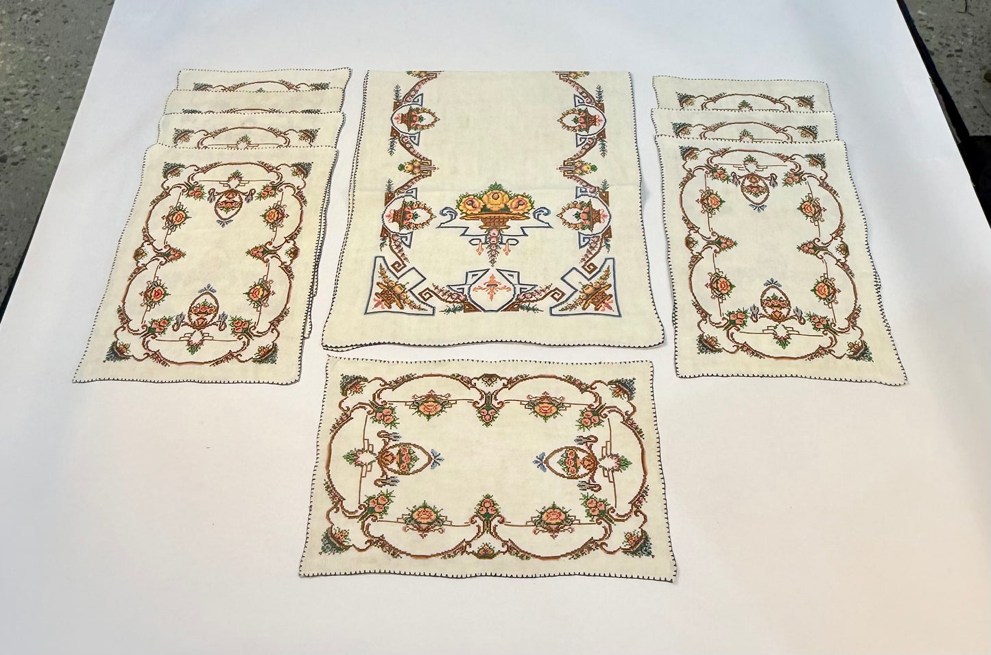 Vintage Hand-Stitched Linen Runner and Placemats with Floral Cross-Stitch