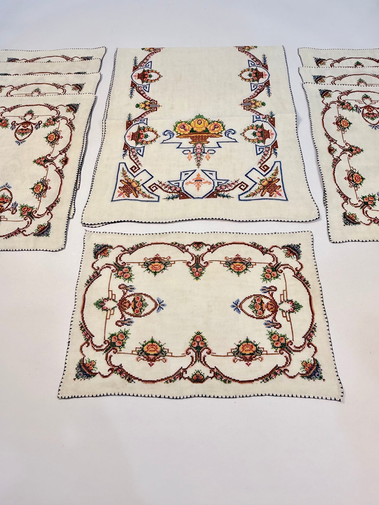 Vintage Hand-Stitched Linen Runner and Placemats with Floral Cross-Stitch