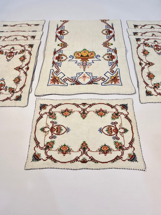 Vintage Hand-Stitched Linen Runner and Placemats with Floral Cross-Stitch