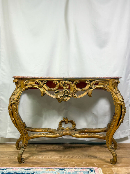 Louis XV Gilded Console with Rose Marble Top