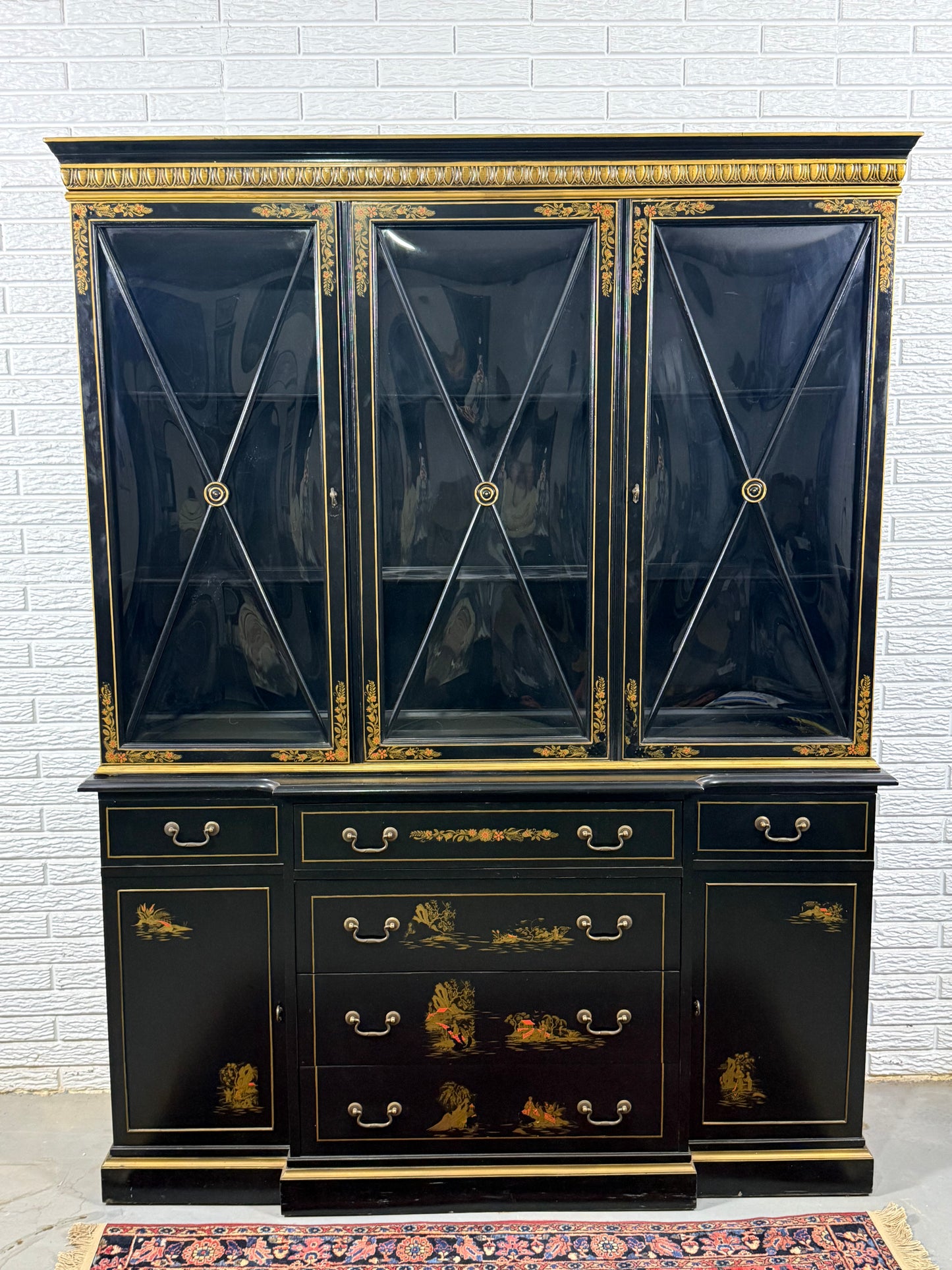 Black Lacquered Chinoiserie Breakfront Cabinet Curio with Desk