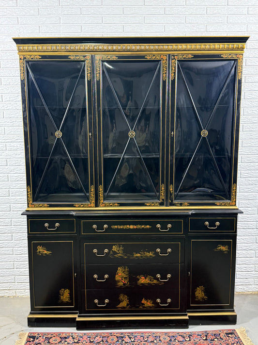 Black Lacquered Chinoiserie Breakfront Cabinet Curio with Desk