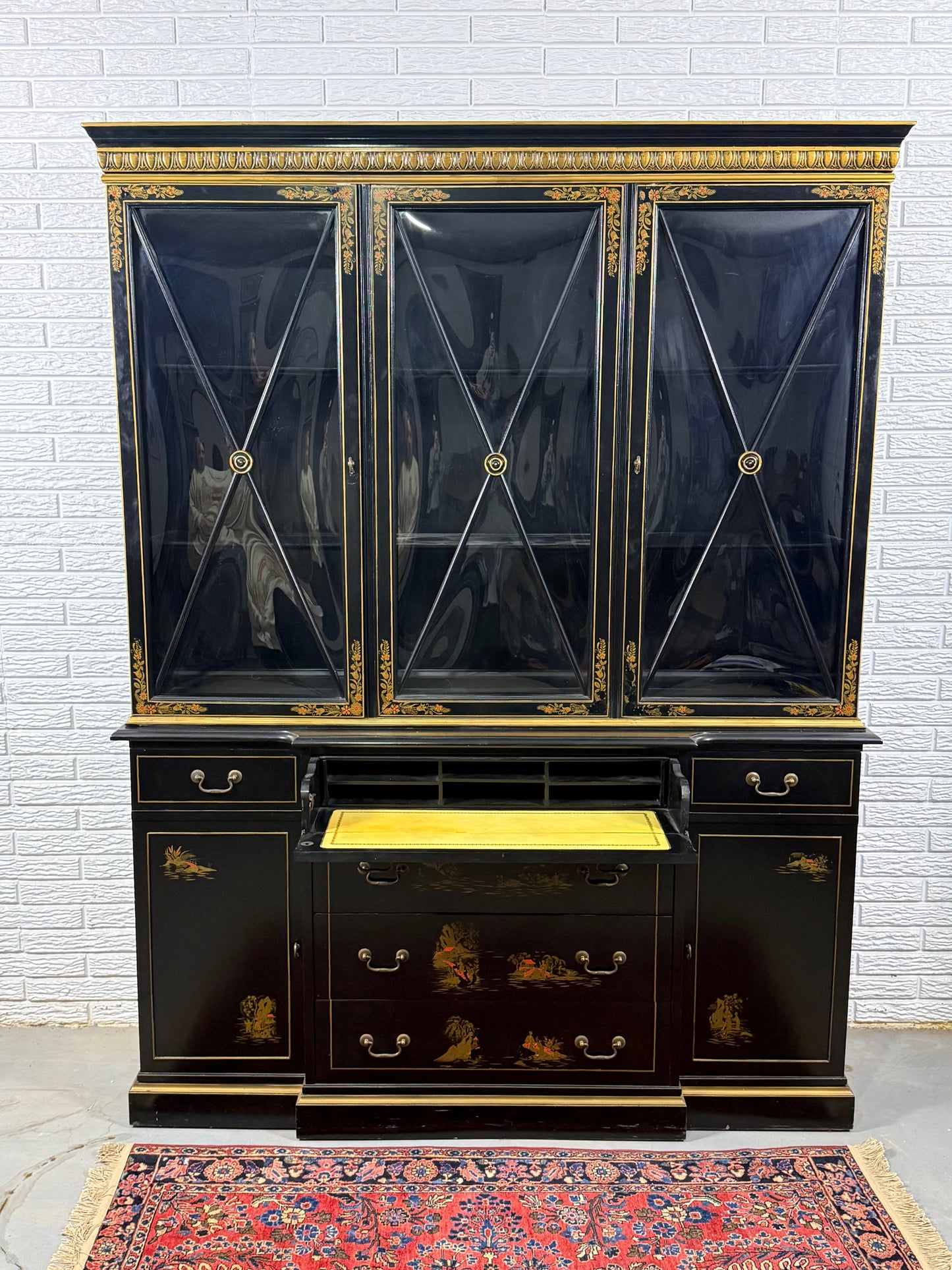 Black Lacquered Chinoiserie Breakfront Cabinet Curio with Desk