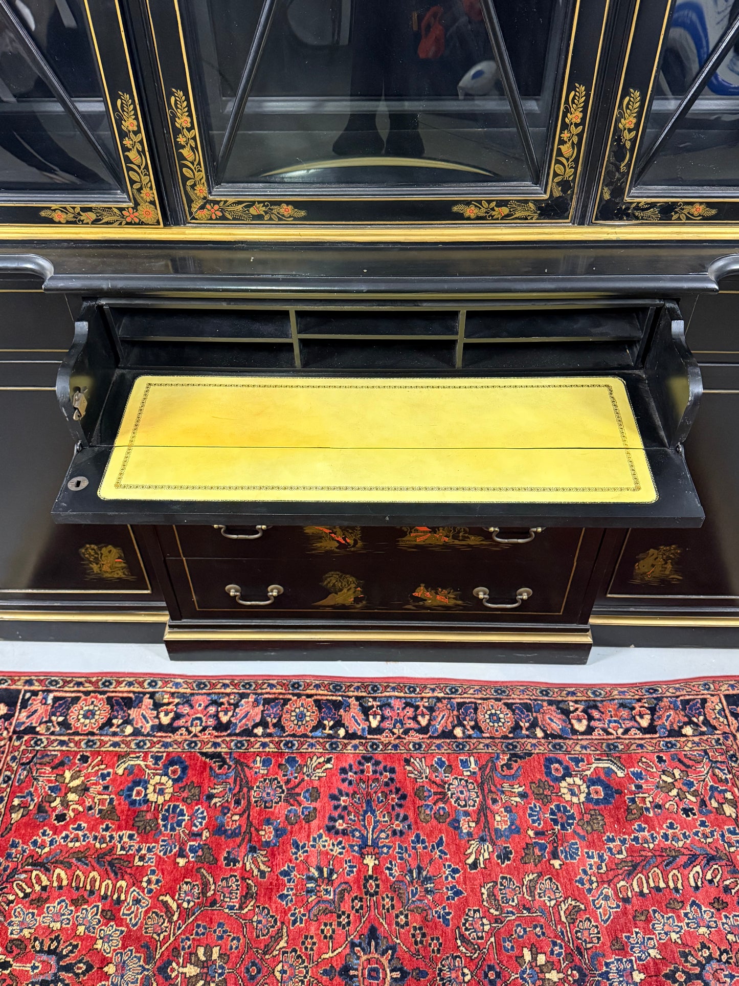 Black Lacquered Chinoiserie Breakfront Cabinet Curio with Desk