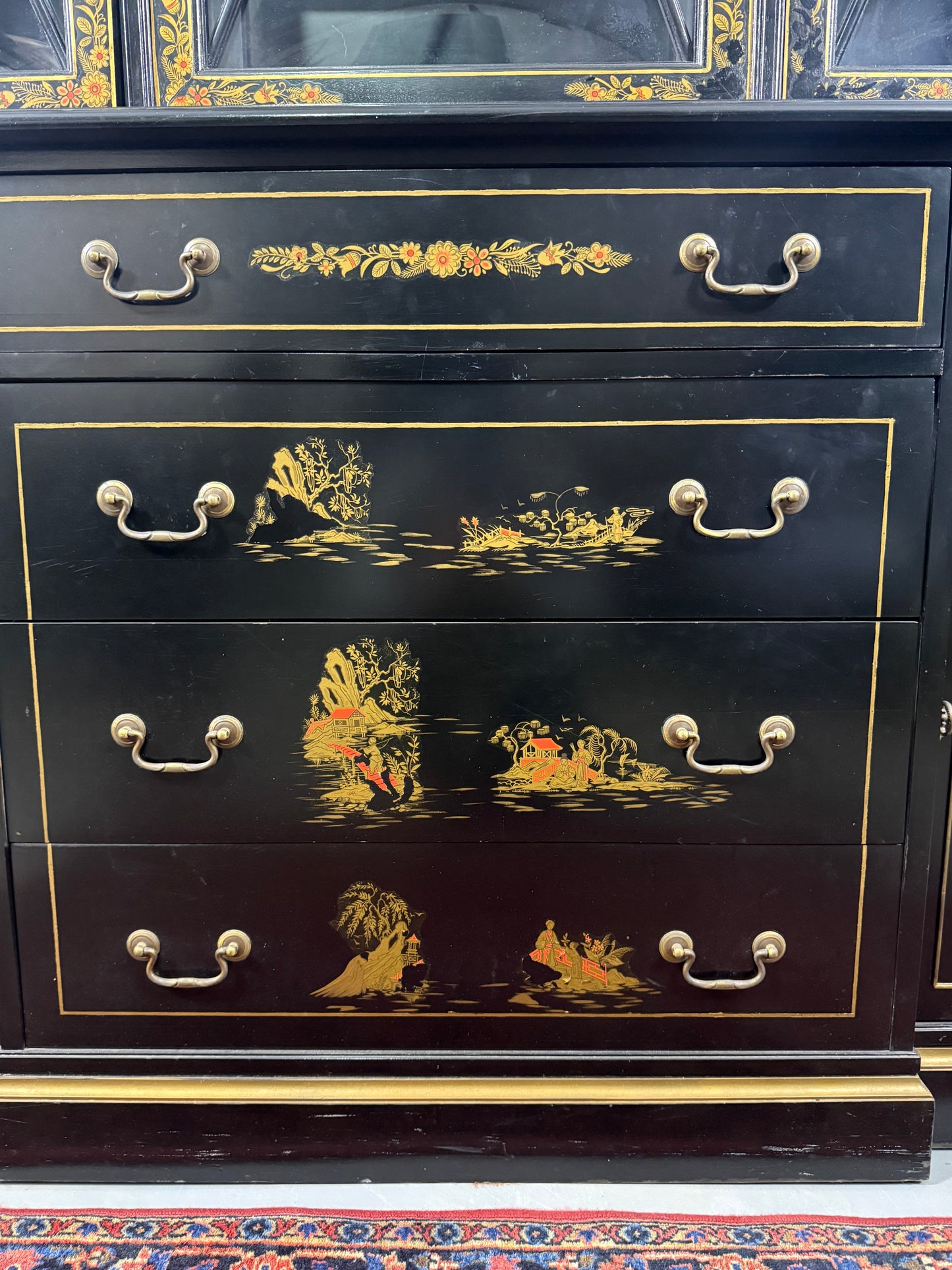 Black Lacquered Chinoiserie Breakfront Cabinet Curio with Desk