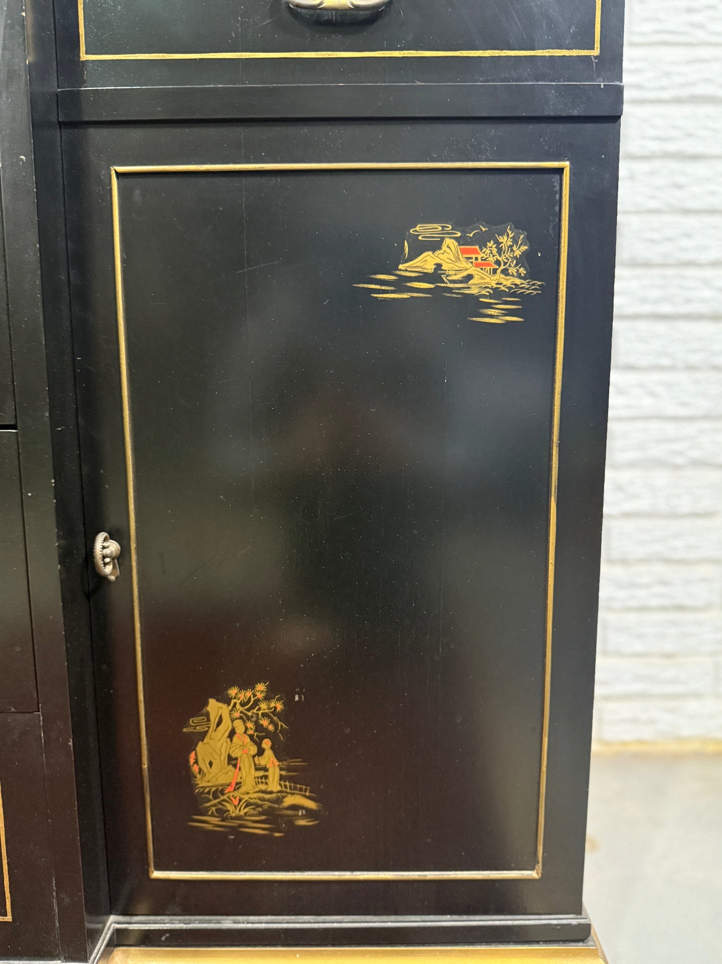Black Lacquered Chinoiserie Breakfront Cabinet Curio with Desk