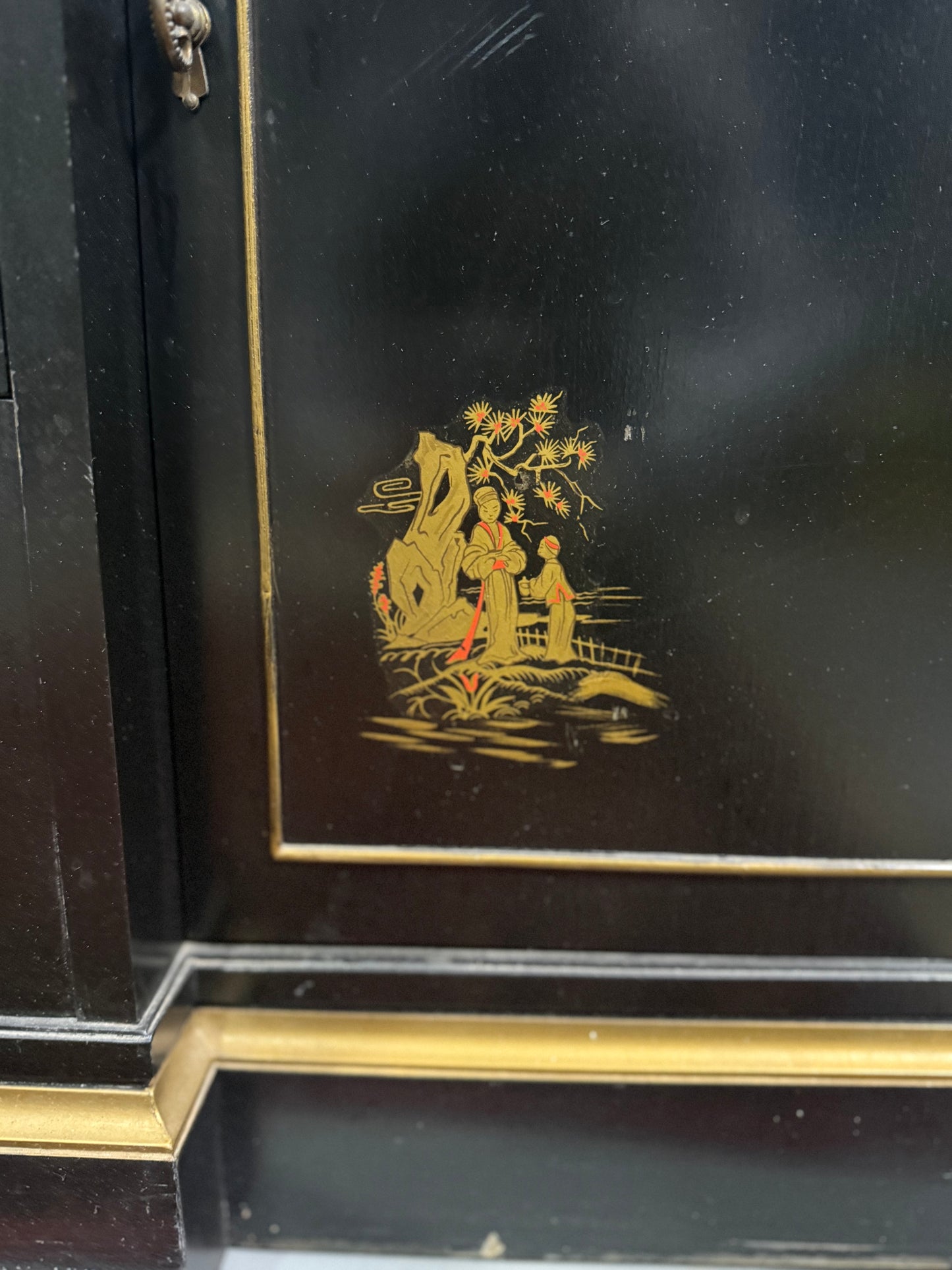 Black Lacquered Chinoiserie Breakfront Cabinet Curio with Desk