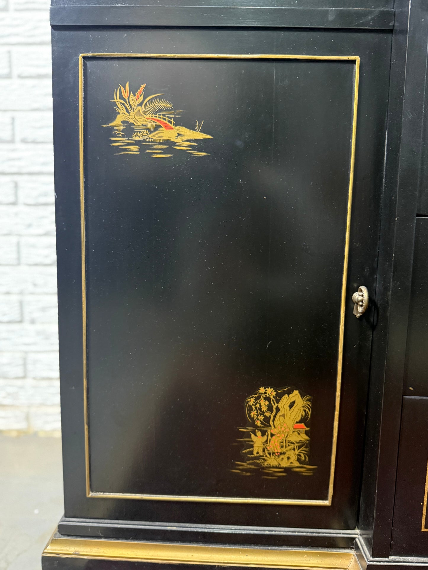 Black Lacquered Chinoiserie Breakfront Cabinet Curio with Desk