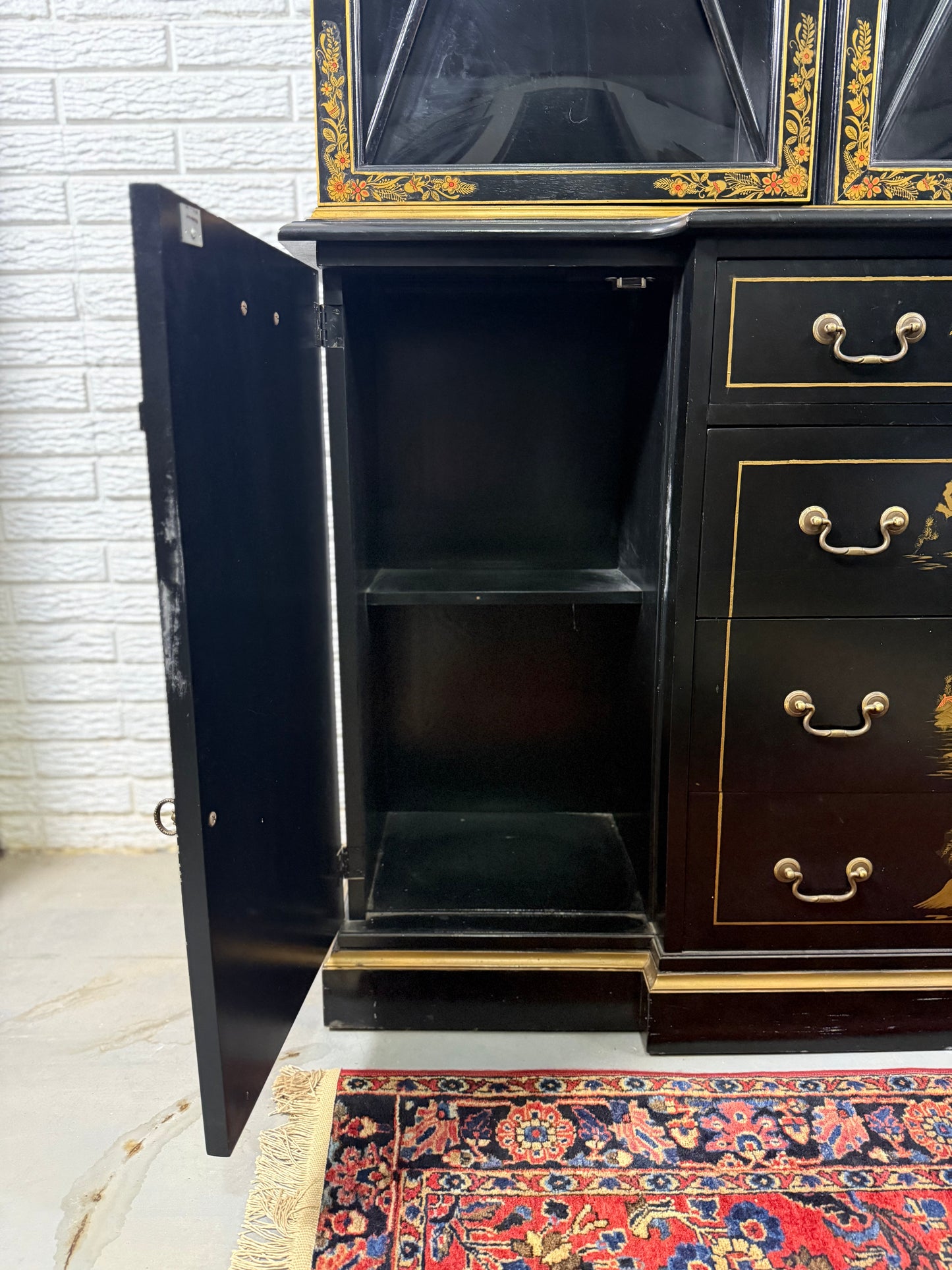 Black Lacquered Chinoiserie Breakfront Cabinet Curio with Desk