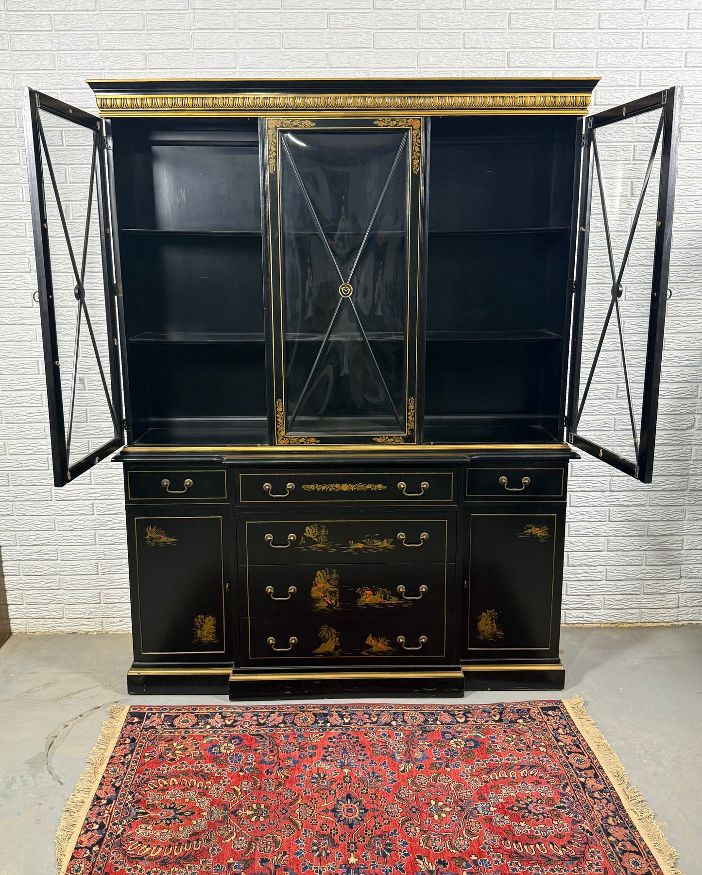 Black Lacquered Chinoiserie Breakfront Cabinet Curio with Desk