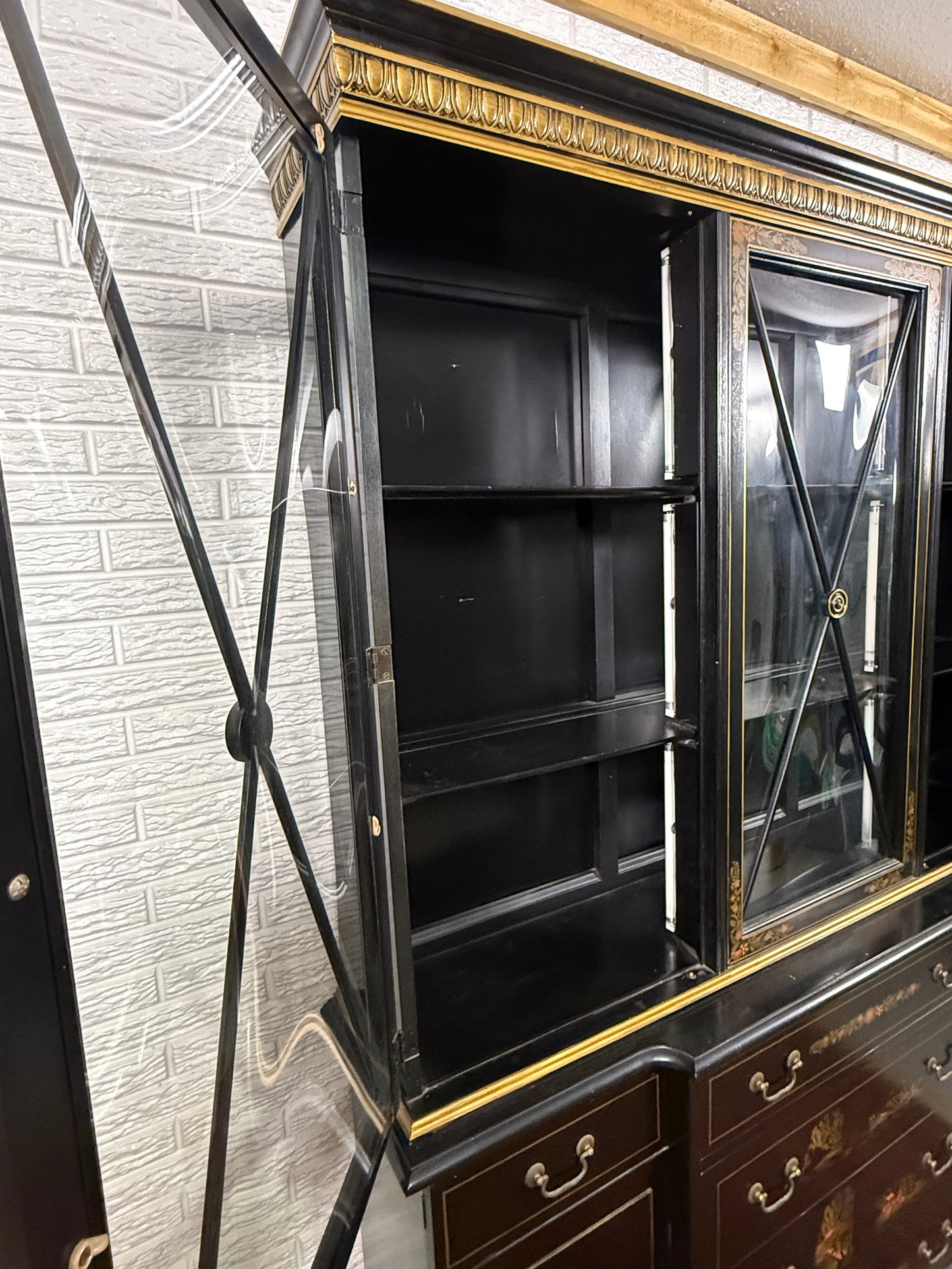 Black Lacquered Chinoiserie Breakfront Cabinet Curio with Desk