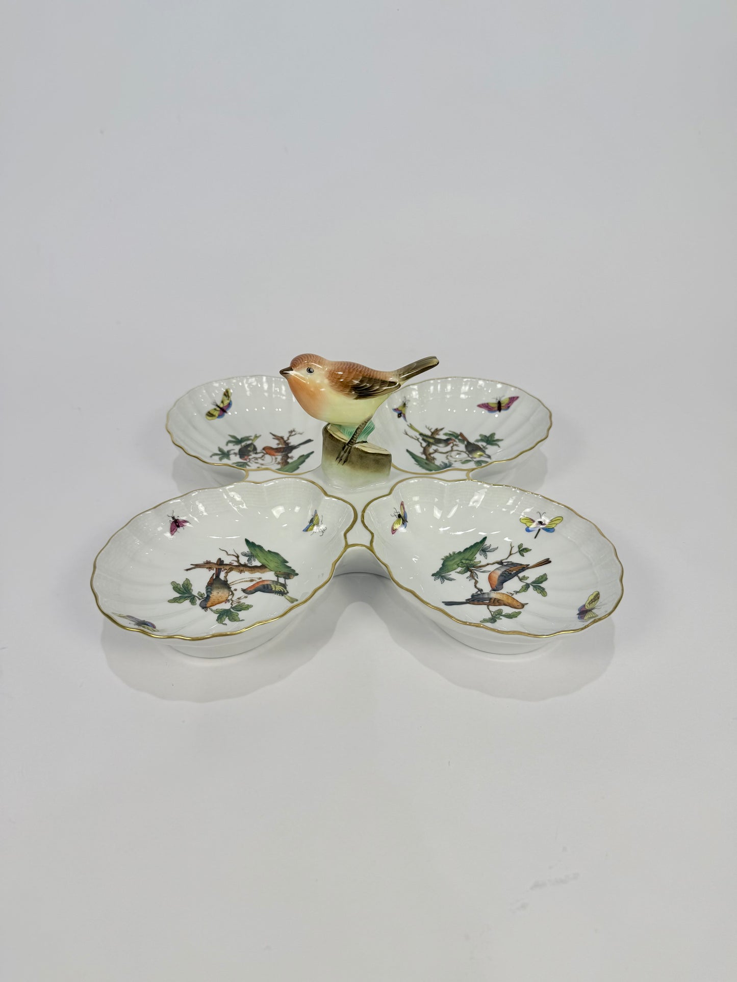 Herend Rothschild Bird Porcelain 4 Part Relish Dish with Center Bird