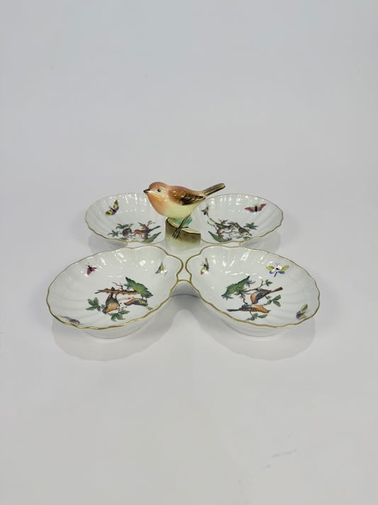 Herend Rothschild Bird Porcelain 4 Part Relish Dish with Center Bird