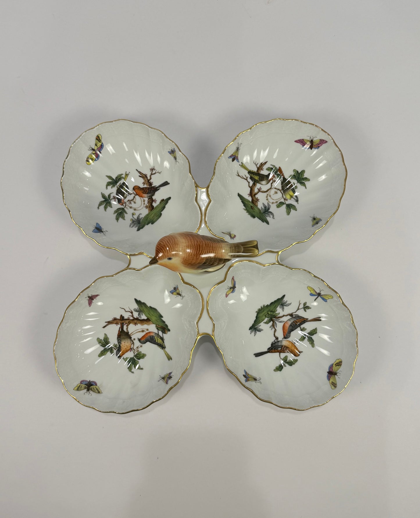 Herend Rothschild Bird Porcelain 4 Part Relish Dish with Center Bird