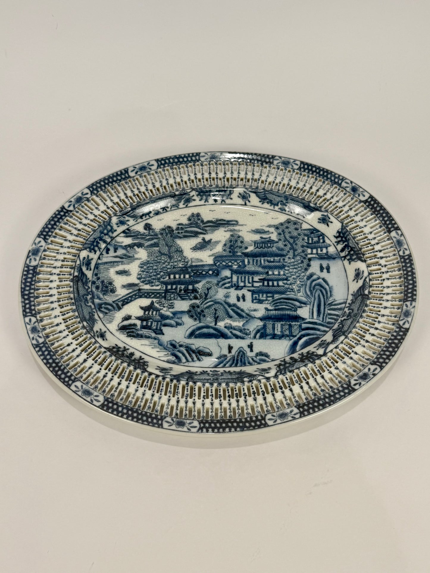 Antique Blue Willow Oval Platter with Pierced Rim