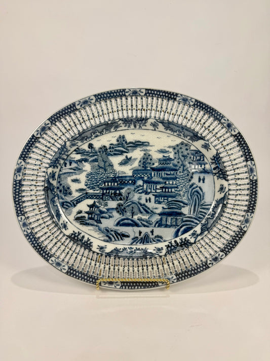 Antique Blue Willow Oval Platter with Pierced Rim