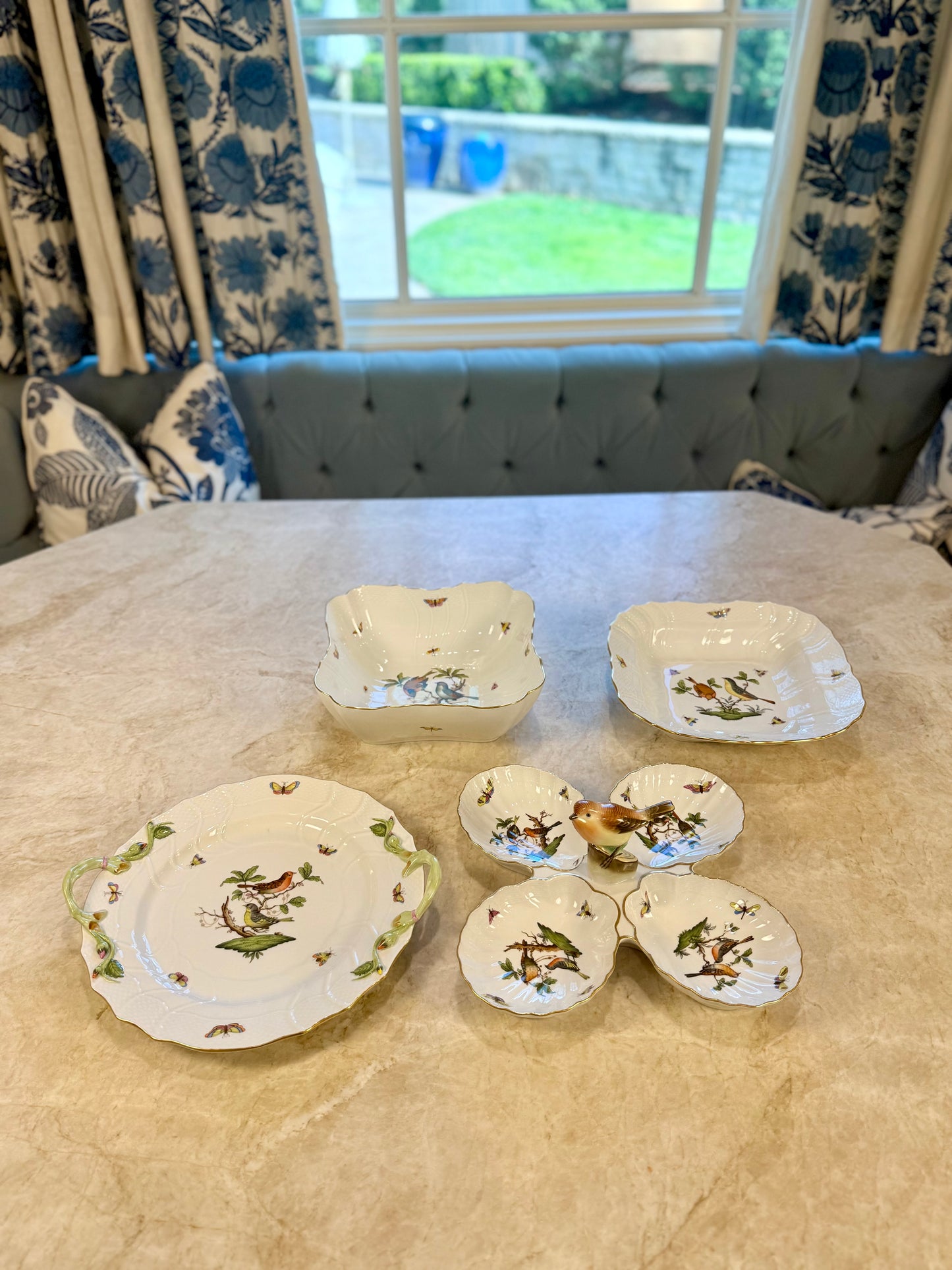 Herend Rothschild Bird Porcelain 4 Part Relish Dish with Center Bird