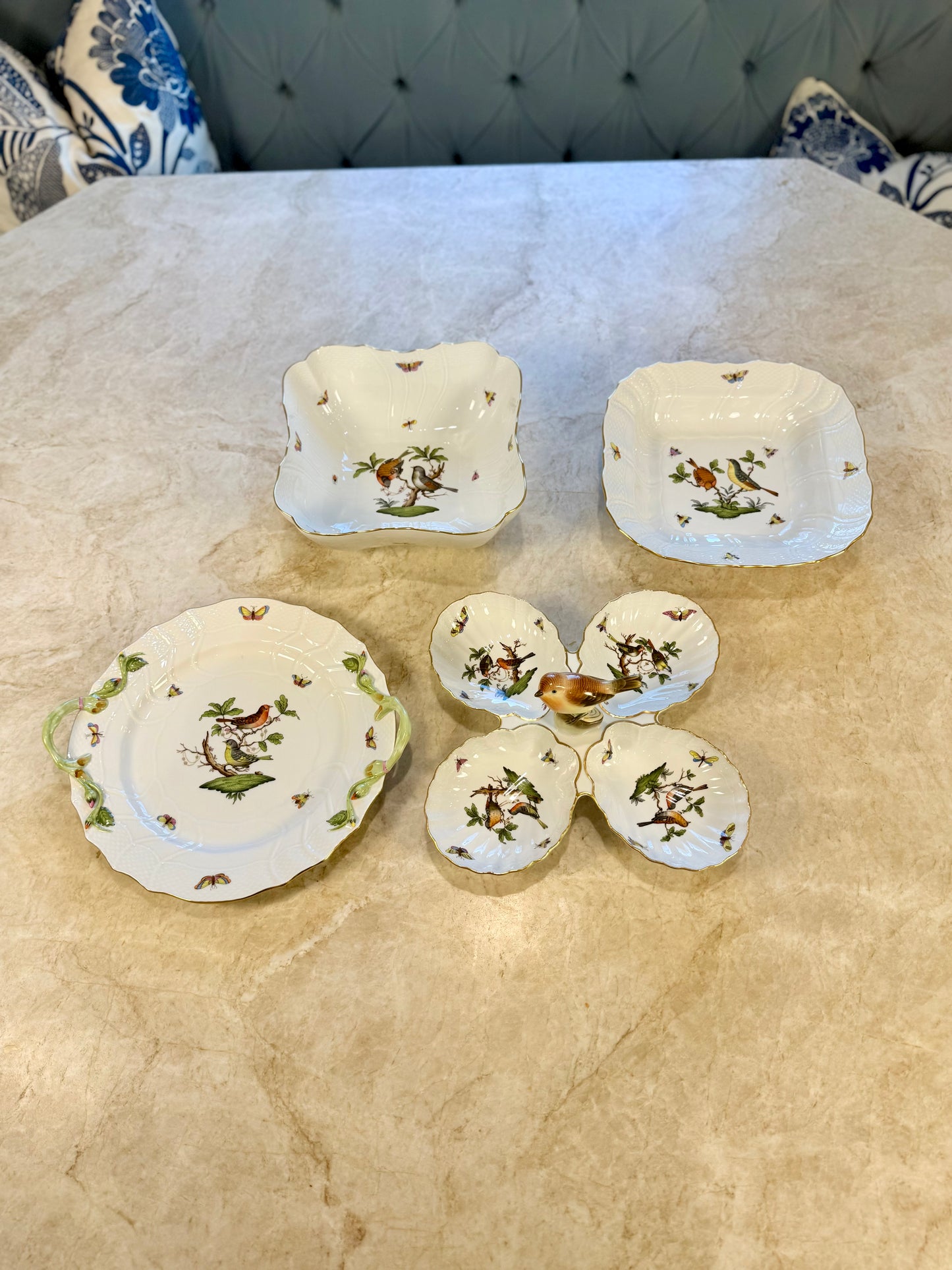 Herend Rothschild Bird Porcelain 4 Part Relish Dish with Center Bird